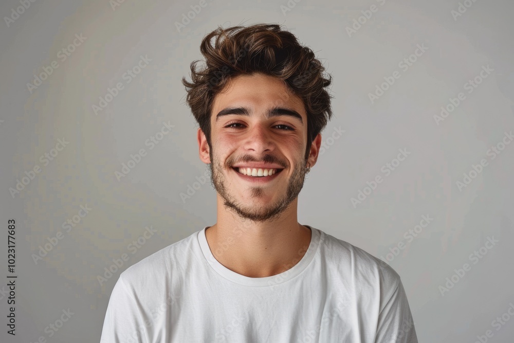 Obraz premium Handsome man in white t shirt with happy smile. Lucky.