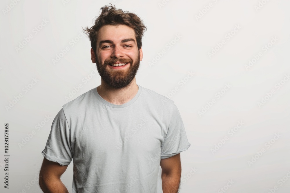 Happy man with beard in casual t shirt white background. Happy man with beard in casual t shirt white background.