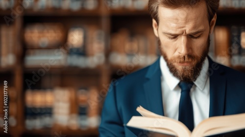 A professional man in a suit reads a book in a library, conveying focus and intellect amidst scholarly surroundings.