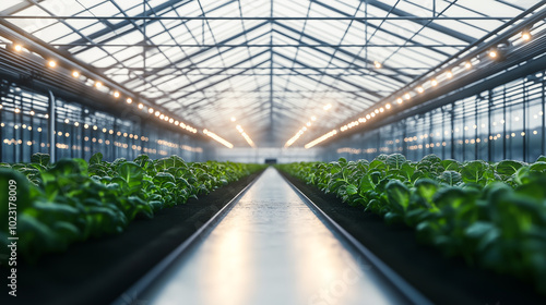 Modern Greenhouse with Rows of Fresh Crops