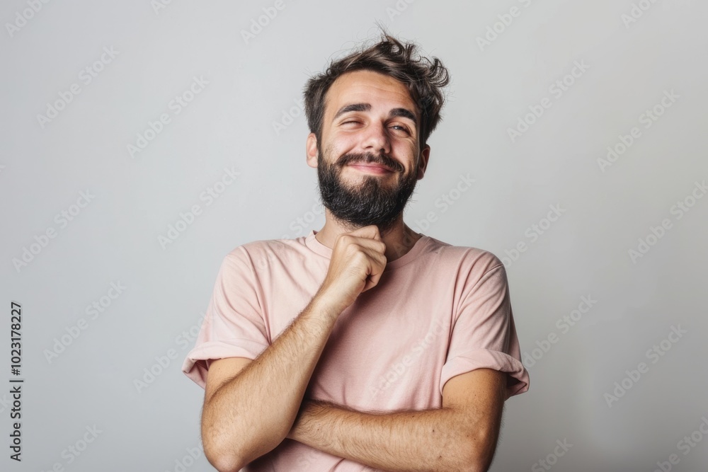 Fototapeta premium Confident young man in casual attire looking positive and thoughtful.