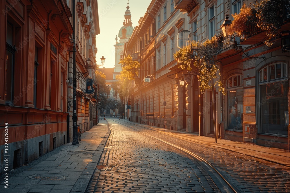 Fototapeta premium Sunrise on Empty Cobblestone Street in Ljubljana Downtown