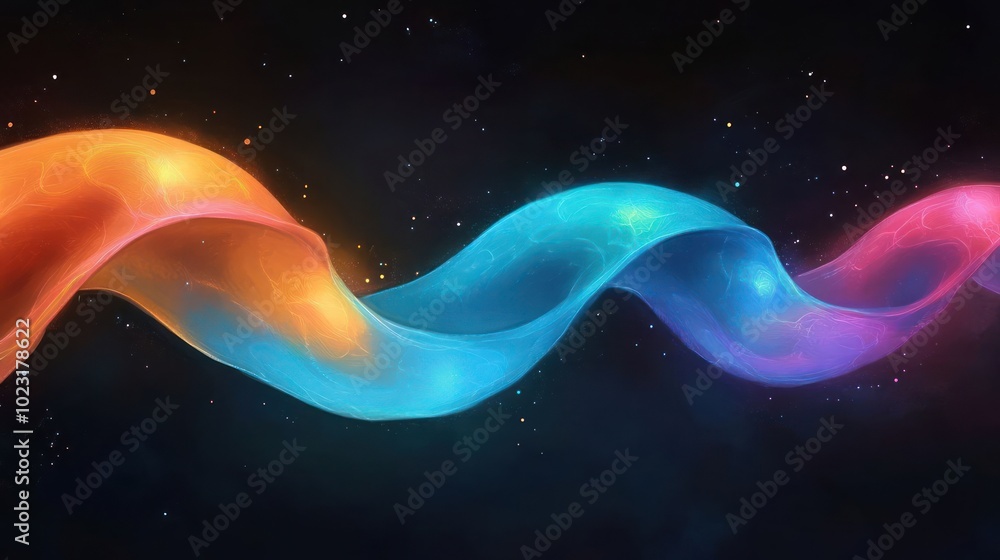 A vibrant, flowing abstract design with waves of orange, blue, and purple against a dark background.