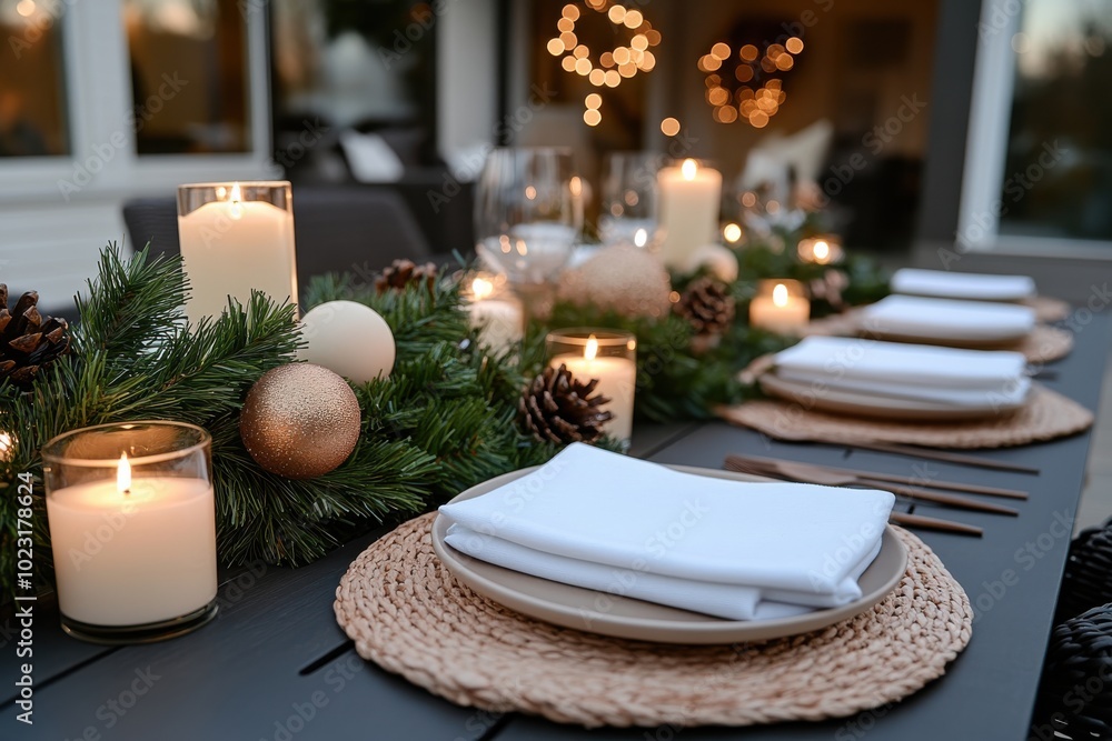 An outdoor dining scene featuring a table set with candles, festive greenery, and neutral tableware, creating a warm and inviting ambiance for a celebration. An outdoor dining scene featuring a table set with candles, festive greenery, and neutral tableware, creating a warm and inviting ambiance for a celebration.