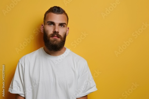 Confident bearded man posing with copy space on wall.