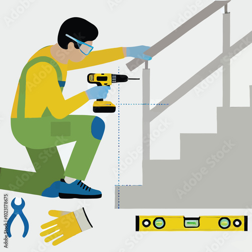 illustration of a person installing handrails on a staircase with safety equipment
