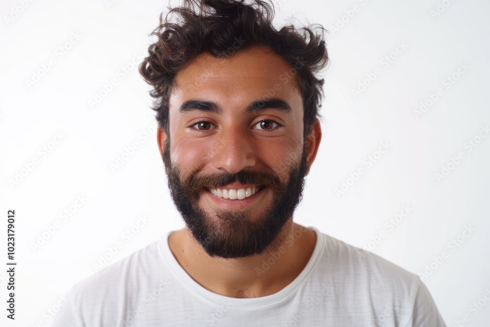 Obraz premium Happy Hispanic man in casual t shirt with cool smile.