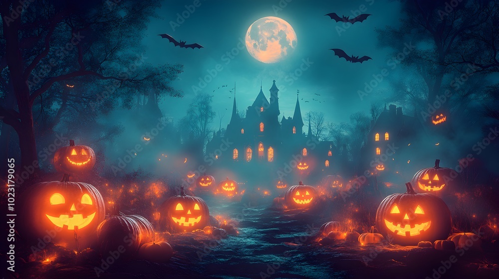 Haunted Halloween Castle Surrounded by Glowing Pumpkins Under a Full Moon Haunted Halloween Castle Surrounded by Glowing Pumpkins Under a Full Moon