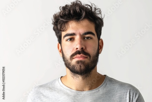 Serious young Hispanic man in casual t shirt poses naturally.