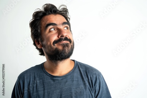 Hispanic man in casual attire smiling and contemplating.