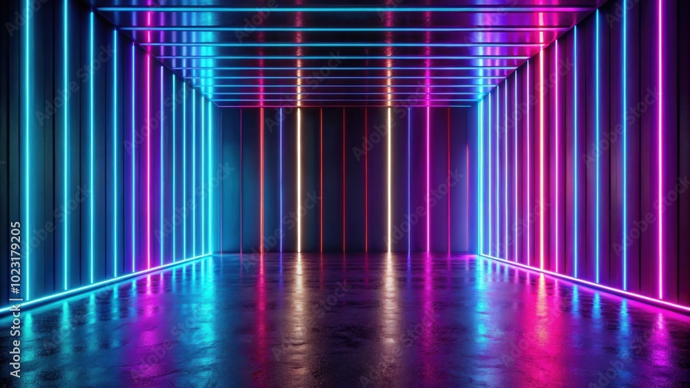 Abstract neon lines in dark room with floor reflection, minimalist wallpaper, render, panoramic background, twisted, dynamic Abstract neon lines in dark room with floor reflection, minimalist wallpaper, render, panoramic background, twisted, dynamic
