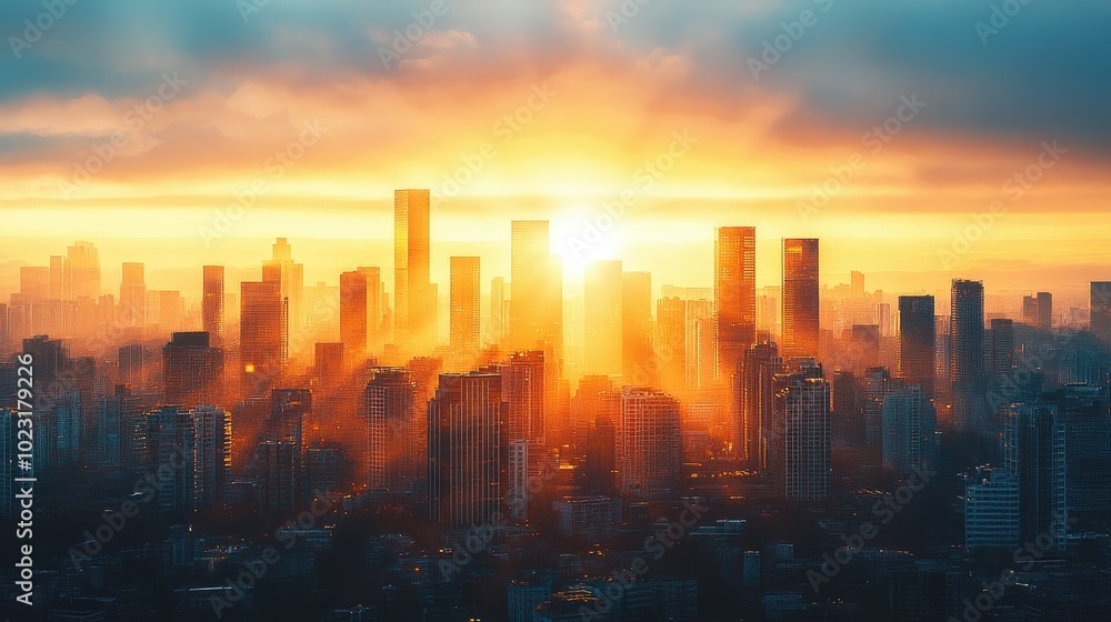 Fototapeta premium A city skyline bathed in the warm glow of a rising sun, with golden light reflecting off the buildings.