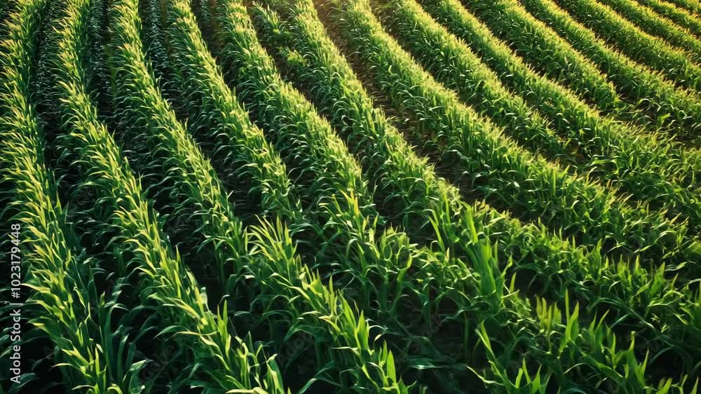 A field of corn growing in rows, basking in the sunlight A field of corn growing in rows, basking in the sunlight