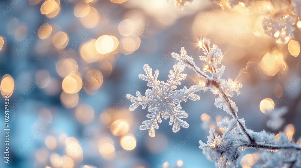 Naklejka premium A serene winter landscape featuring enchanting swirls of illuminated snowflakes gently falling against a backdrop of soft, fluffy white snow, creating a magical atmosphere.