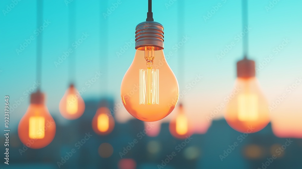 Hanging light bulbs with warm glow against a beautiful evening sky. Hanging light bulbs with warm glow against a beautiful evening sky.