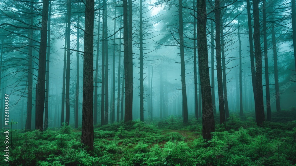 Misty Forest with Tall Pine Trees Misty Forest with Tall Pine Trees