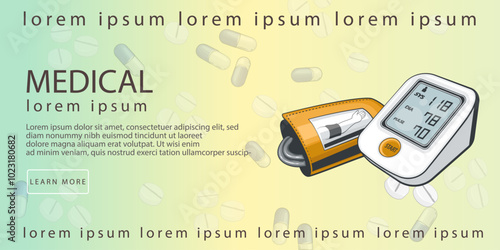 Medical Banner. Medical Backgorund with Tonometer and Pills.  Medicine concept. Medicine background. Medical and pharmacy elements. Medical Education Illustration