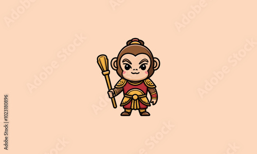 Cartoon monkey warrior in armor holding a golden staff.