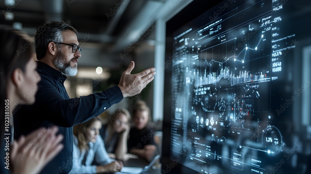 Data Analysts Evaluating Financial Analytics on Digital Dashboard in Corporate Meeting Data Analysts Evaluating Financial Analytics on Digital Dashboard in Corporate Meeting