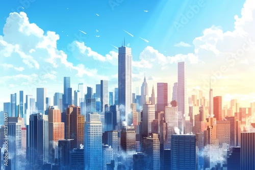 A city landscape full of modern sense, sunny during the day, with blue tones as the theme, the city is full of bright colors and interesting architecture, can be used for business presentation PPT