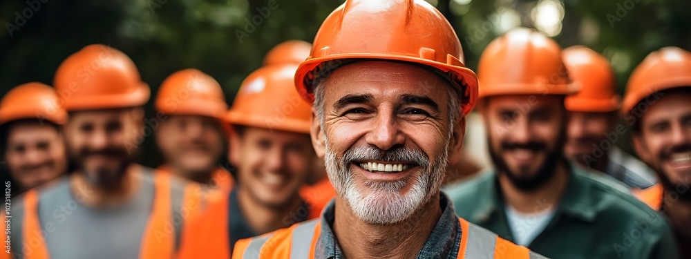 A group of smiling workers wearing orange safety helmets and workwear, standing in front of the camera with their faces visible A group of smiling workers wearing orange safety helmets and workwear, standing in front of the camera with their faces visible