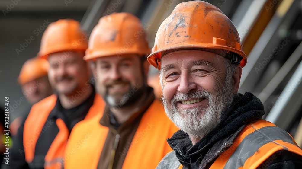 A group of smiling workers wearing orange safety helmets and workwear, standing in front of the camera with their faces visible A group of smiling workers wearing orange safety helmets and workwear, standing in front of the camera with their faces visible
