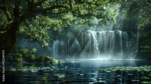 Serene Waterfall Cascading into a Tranquil Pond