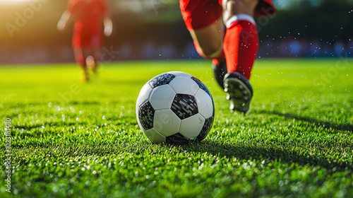 textured soccer game field with ball and soccer players playing - center, midfield photo