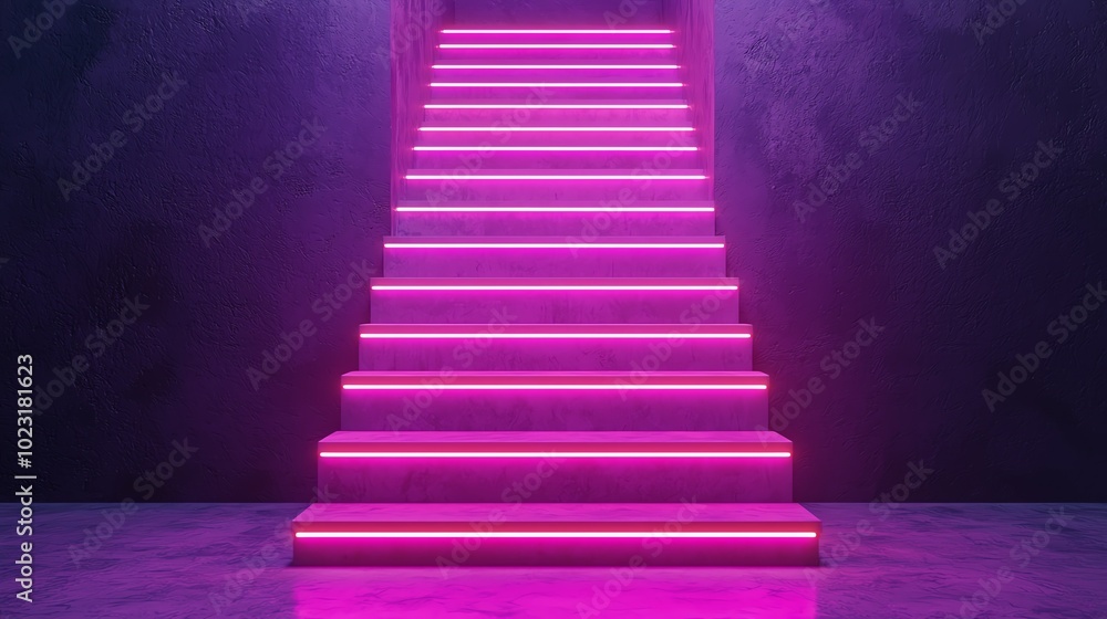 Futuristic pink neon stairs in a dark setting, creating a vibrant atmosphere. Futuristic pink neon stairs in a dark setting, creating a vibrant atmosphere.