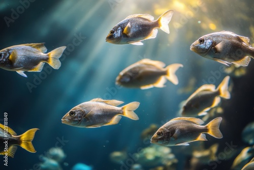 Shimmering fish swimming in a sunlit underwater environment at a vibrant aquarium