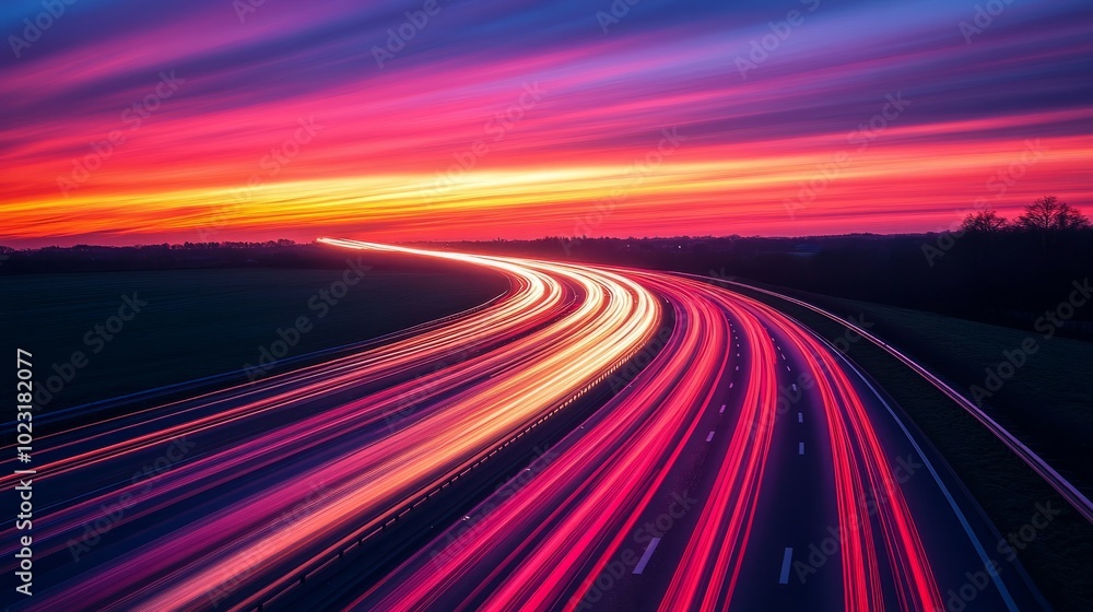 A line of vehicles in motion on a UK motorway at sunset, with the road stretching out into the glowing horizon. A line of vehicles in motion on a UK motorway at sunset, with the road stretching out into the glowing horizon.