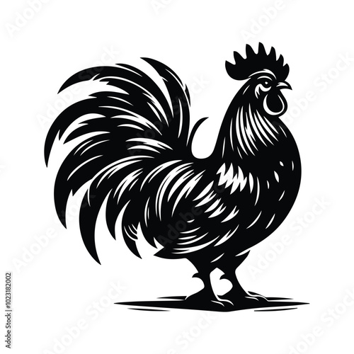 Silhouette of a rooster standing in grass, depicted in a vector style, showcasing a striking contrast against the background photo