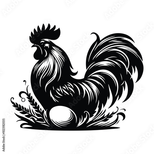 Silhouette of a rooster standing in grass, depicted in a vector style, showcasing a striking contrast against the background photo