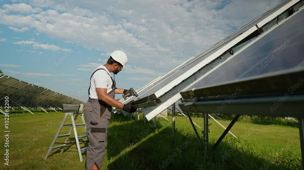 Indian worker installing solar panels in an open solar farm Indian worker installing solar panels in an open solar farm