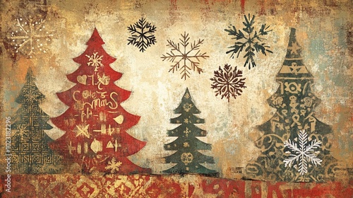 Nostalgic Christmas Folk Art Painting with Knitwear and Snowflake Textures photo