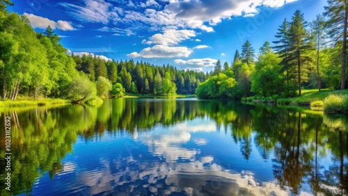 Tranquil forest lake surrounded by lush green trees under a blue summer sky, summer, landscape, forest, lake, trees, green