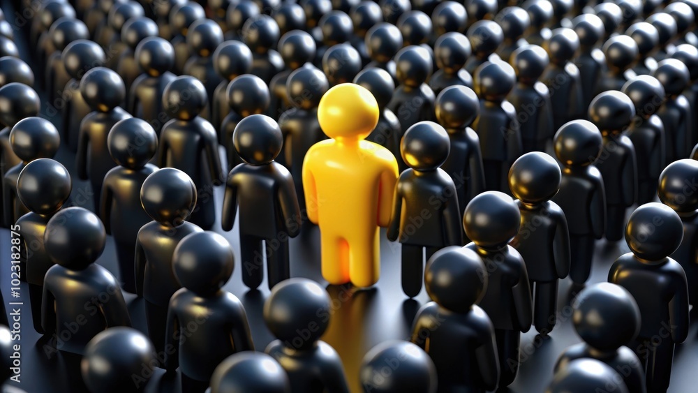 Unique yellow figure standing out in a sea of black, symbolizing individuality and leadership, individuality, leadership Unique yellow figure standing out in a sea of black, symbolizing individuality and leadership, individuality, leadership