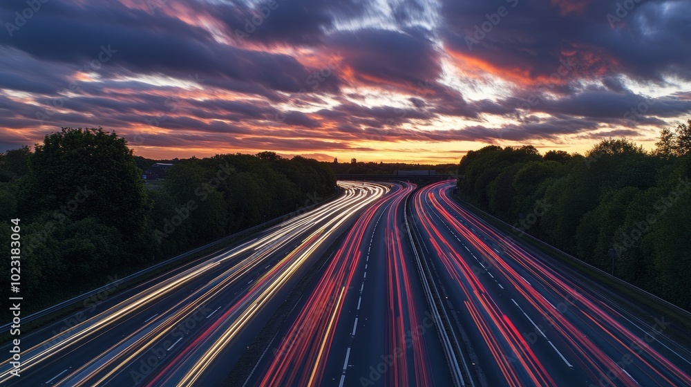 An evening view of a UK motorway packed with speeding vehicles, the sunset casting long shadows and lighting up the clouds in soft pinks and oranges An evening view of a UK motorway packed with speeding vehicles, the sunset casting long shadows and lighting up the clouds in soft pinks and oranges