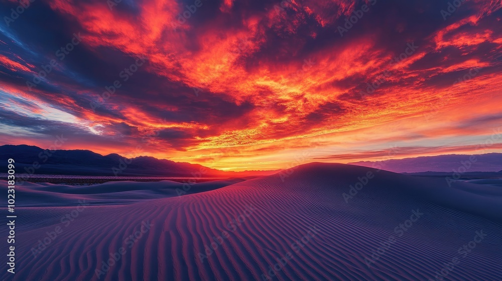 A dramatic desert sunrise with fiery orange and red skies, casting long shadows over the sand dunes. A dramatic desert sunrise with fiery orange and red skies, casting long shadows over the sand dunes.
