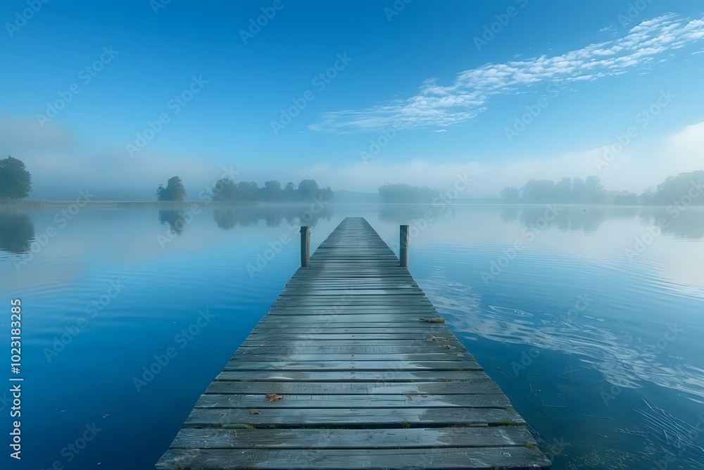 Serene Morning at the Lake: A Tranquil Dock Surrounded by Mist and Calm Waters Serene Morning at the Lake: A Tranquil Dock Surrounded by Mist and Calm Waters