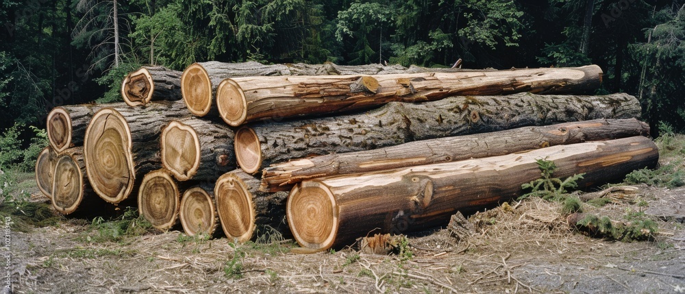 A neatly arranged pile of freshly cut logs lies in a clearing, each ring telling its own tale amidst the quietude of a forest pause. A neatly arranged pile of freshly cut logs lies in a clearing, each ring telling its own tale amidst the quietude of a forest pause.