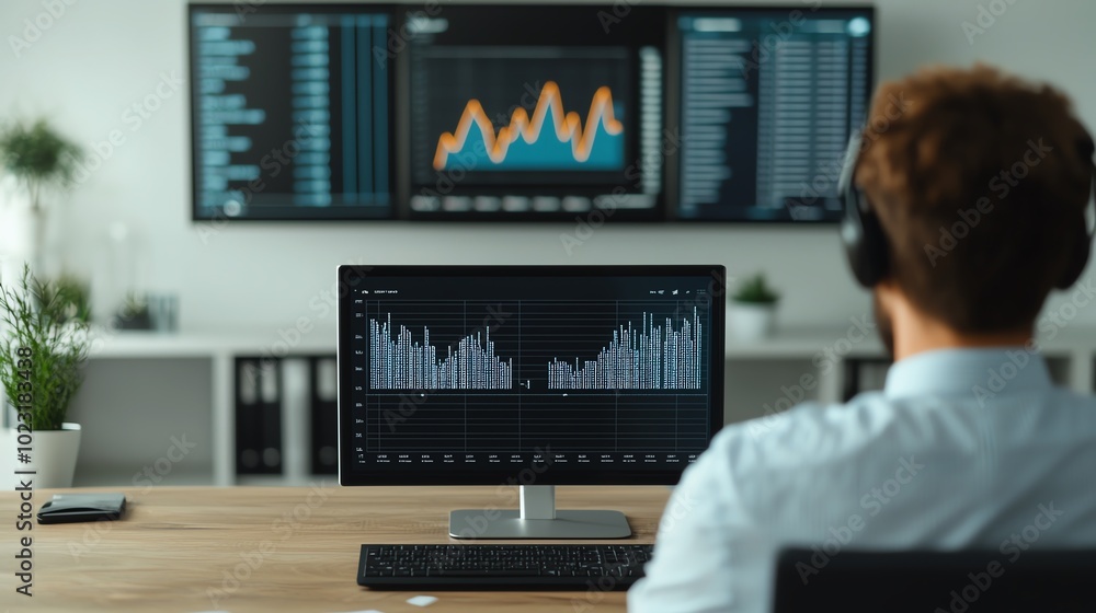 Analyst working with data on multiple screens, modern office environment. Analyst working with data on multiple screens, modern office environment.