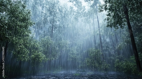 A dramatic rainstorm over a dense forest, with heavy rain falling and mist rising from the trees.