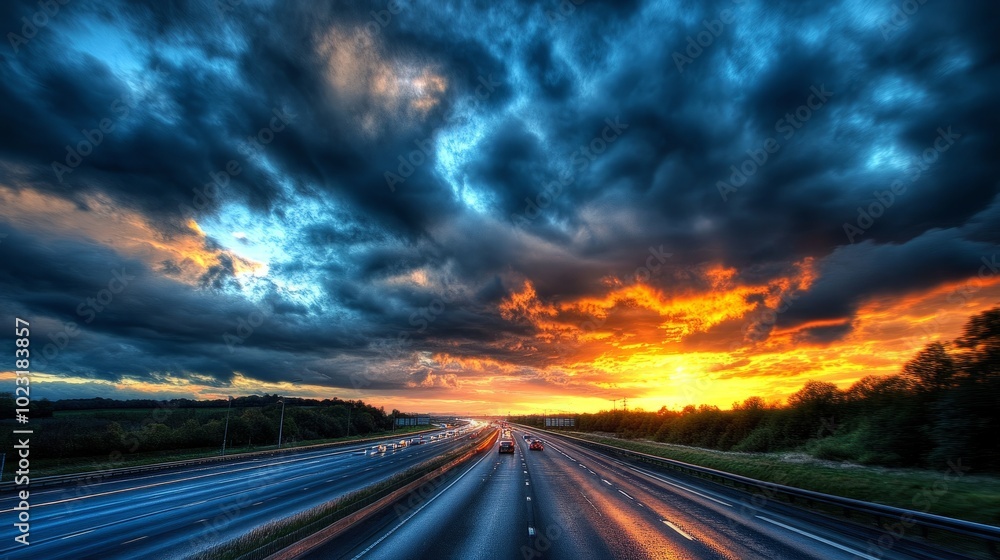 Sunset over a UK motorway, with heavy but fast-moving traffic and dramatic clouds illuminated by the last light of the day. Sunset over a UK motorway, with heavy but fast-moving traffic and dramatic clouds illuminated by the last light of the day.