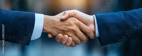 Close-up handshake between business partners on blurred background.