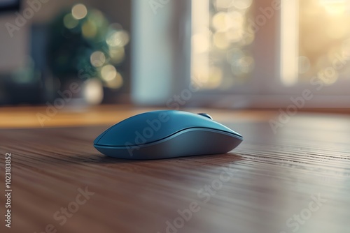 A Stylish Blue Computer Mouse on a Wooden Floor with Soft Natural Light