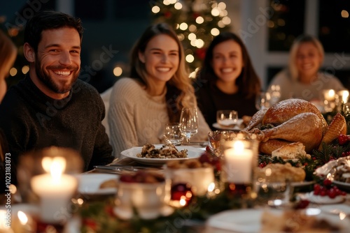 A group of friends sits at a warmly decorated dinner table, sharing smiles and a delicious turkey meal, celebrating friendship and the joy of the holiday season.