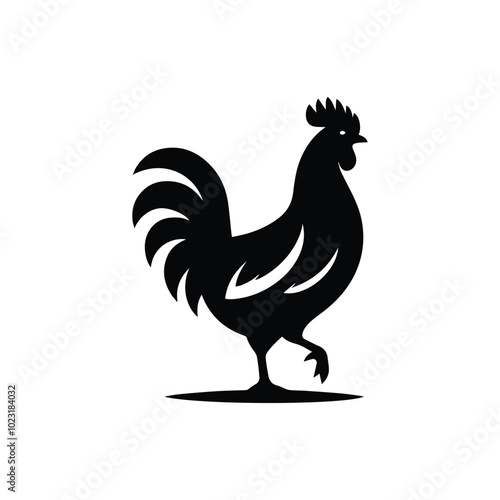 Silhouette of a rooster standing in grass, depicted in a vector style, showcasing a striking contrast against the background photo