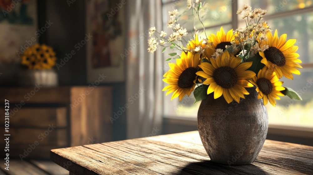 Rustic Vase of Sunflowers Brightens the Room Rustic Vase of Sunflowers Brightens the Room