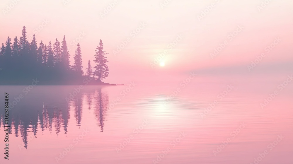 A dreamy pink sky reflected in the calm waters of a lake, with a silhouette of trees on the horizon. A dreamy pink sky reflected in the calm waters of a lake, with a silhouette of trees on the horizon.